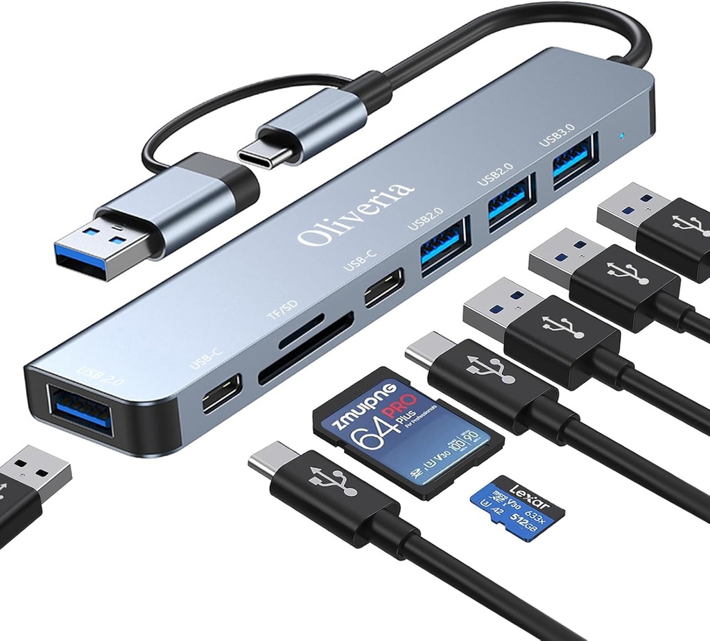 Hub USB C 3.0, multiport USB 3.0 8 en 2